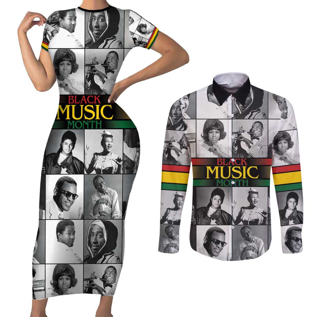 African-American Black Music Month Couples Matching Short Sleeve Bodycon Dress and Long Sleeve Button Shirt Legends Tribute