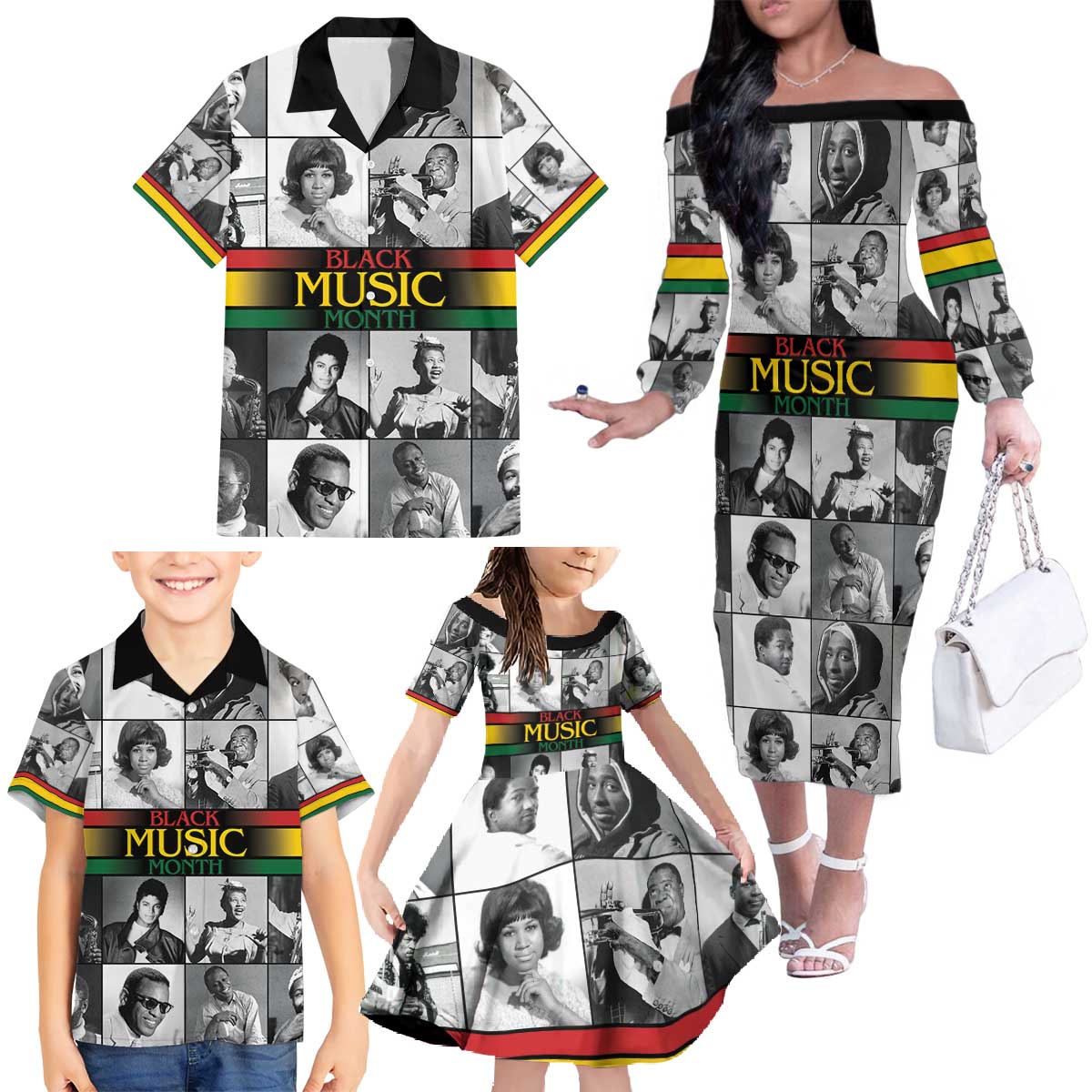 African-American Black Music Month Family Matching Off The Shoulder Long Sleeve Dress and Hawaiian Shirt Legends Tribute
