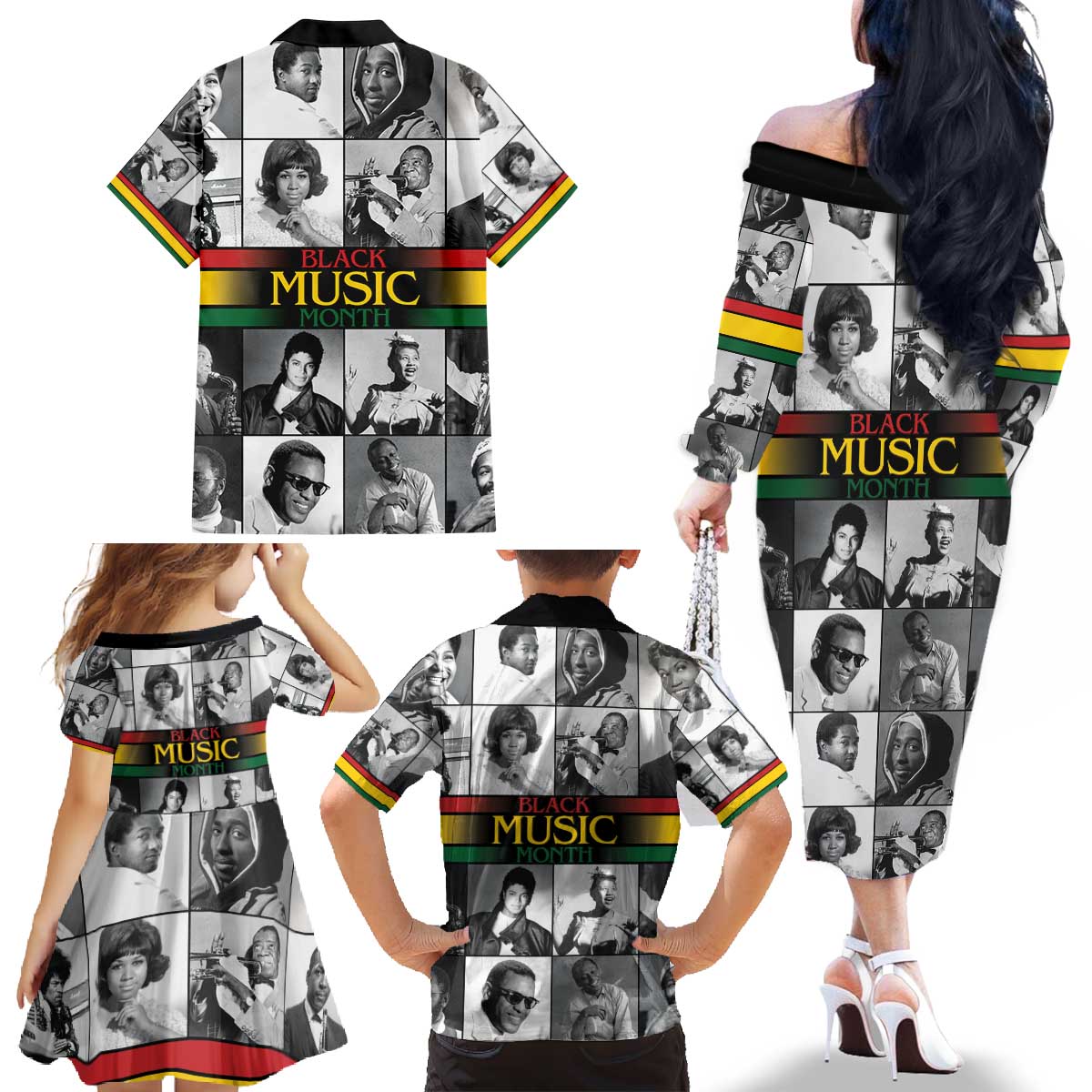 African-American Black Music Month Family Matching Off The Shoulder Long Sleeve Dress and Hawaiian Shirt Legends Tribute