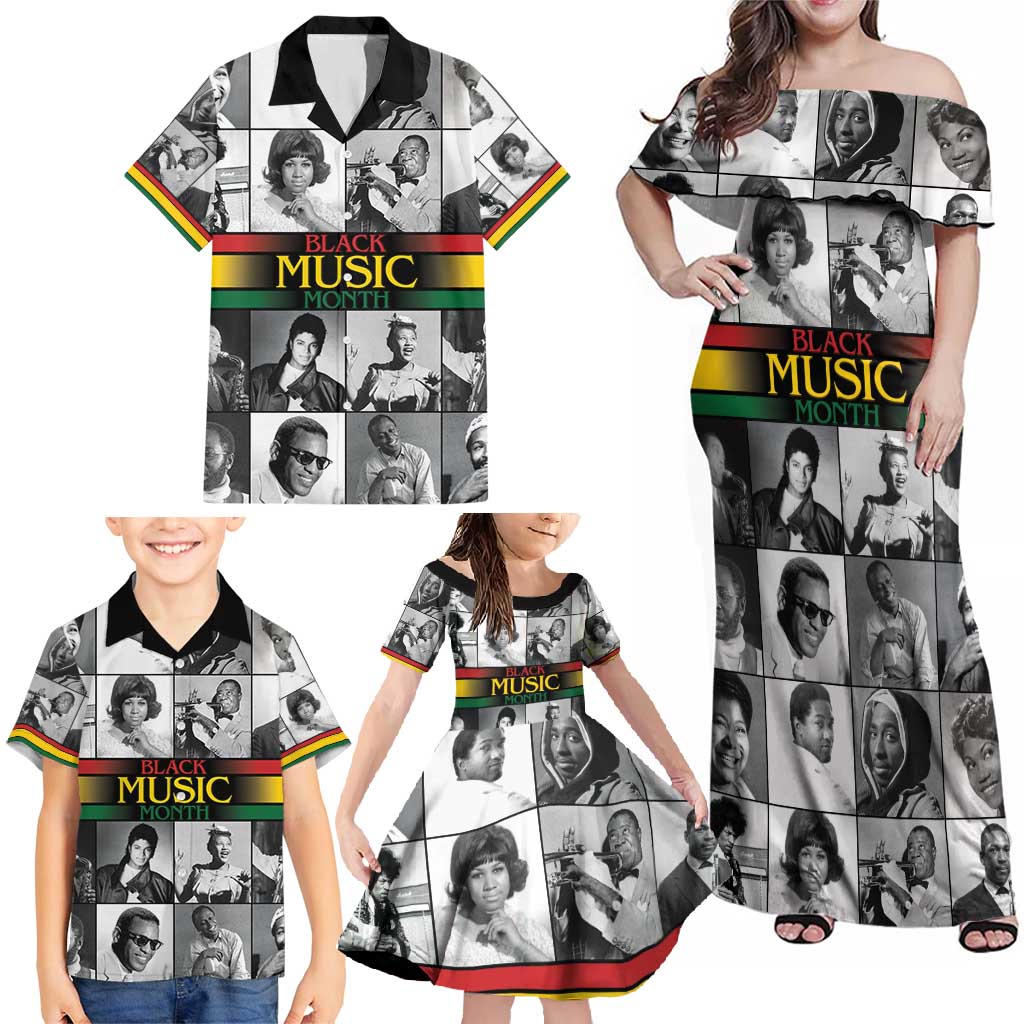 African-American Black Music Month Family Matching Off Shoulder Maxi Dress and Hawaiian Shirt Legends Tribute