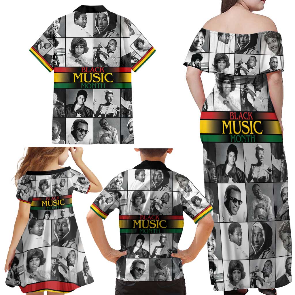African-American Black Music Month Family Matching Off Shoulder Maxi Dress and Hawaiian Shirt Legends Tribute