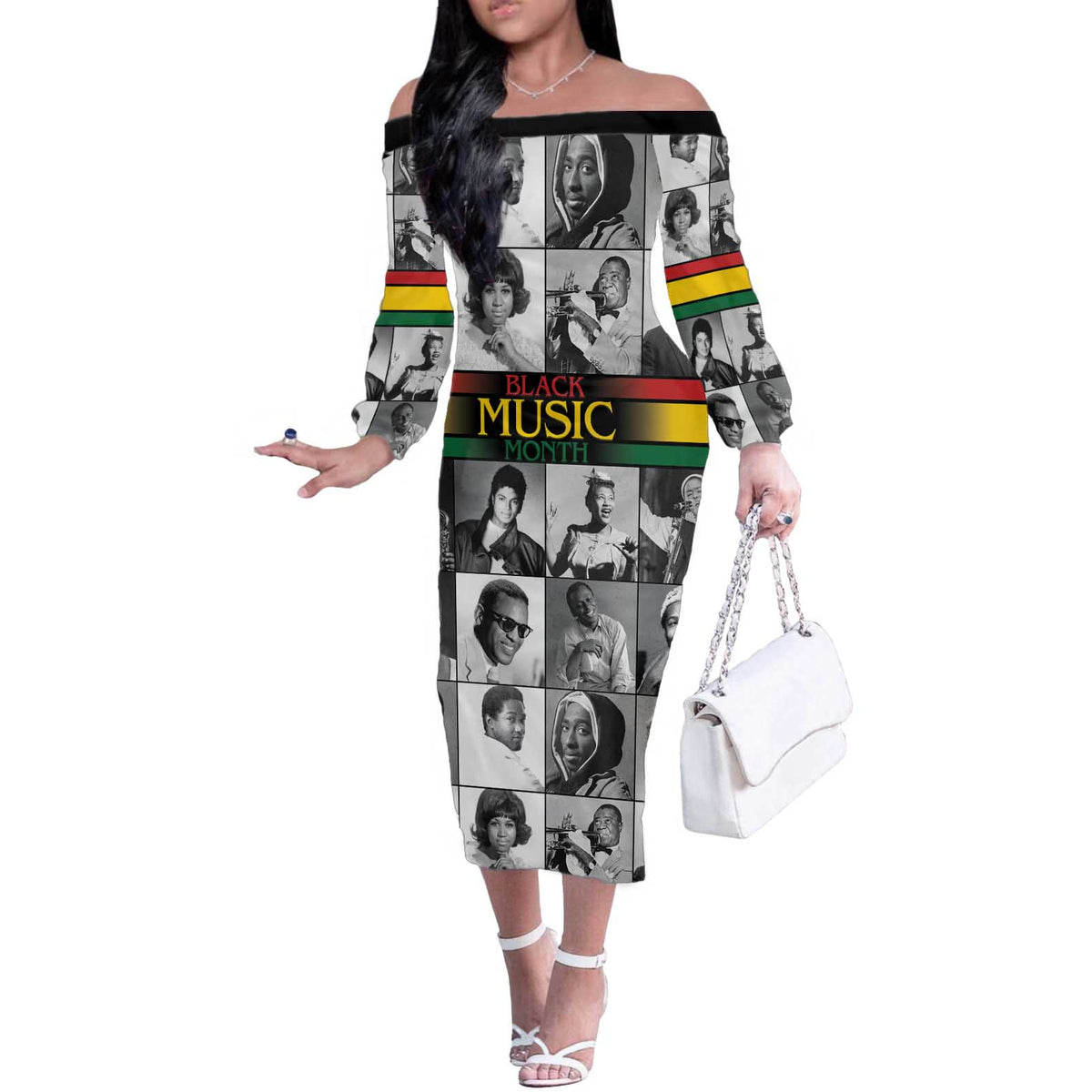 African-American Black Music Month Off The Shoulder Long Sleeve Dress Legends Tribute