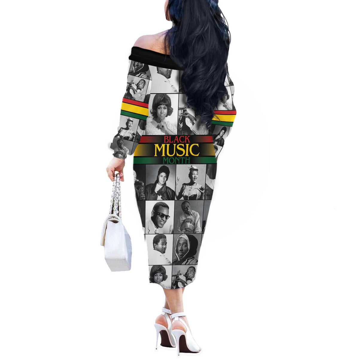 African-American Black Music Month Off The Shoulder Long Sleeve Dress Legends Tribute