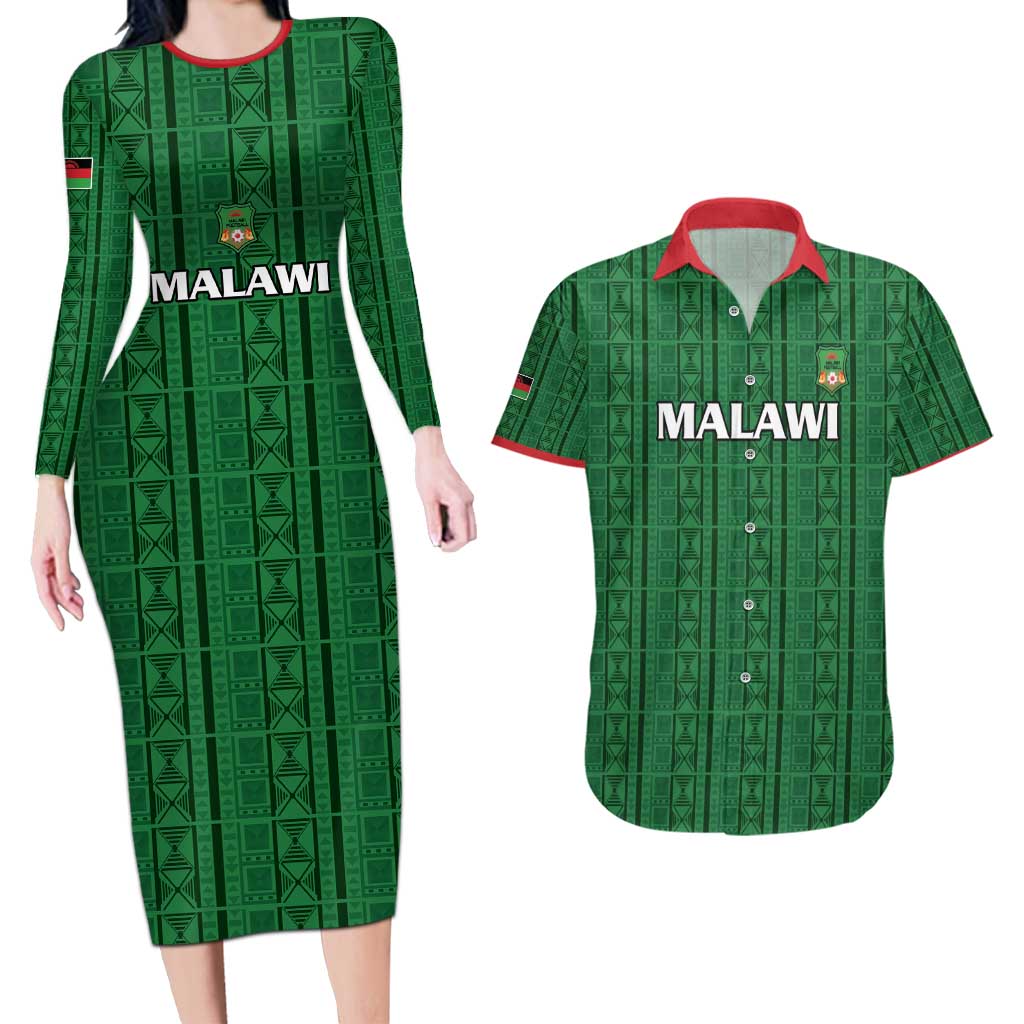 Custom Malawi Football Couples Matching Long Sleeve Bodycon Dress and Hawaiian Shirt Come On Flames - Green - Wonder Print Shop