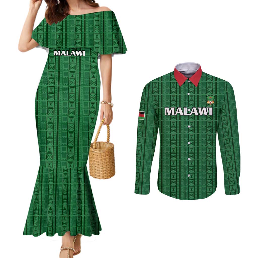 Custom Malawi Football Couples Matching Mermaid Dress and Long Sleeve Button Shirt Come On Flames - Green - Wonder Print Shop