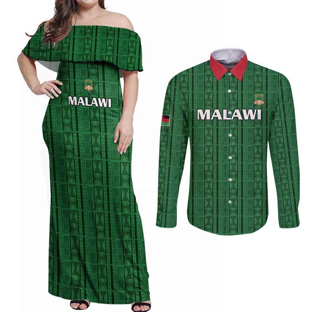 Custom Malawi Football Couples Matching Off Shoulder Maxi Dress and Long Sleeve Button Shirt Come On Flames - Green - Wonder Print Shop
