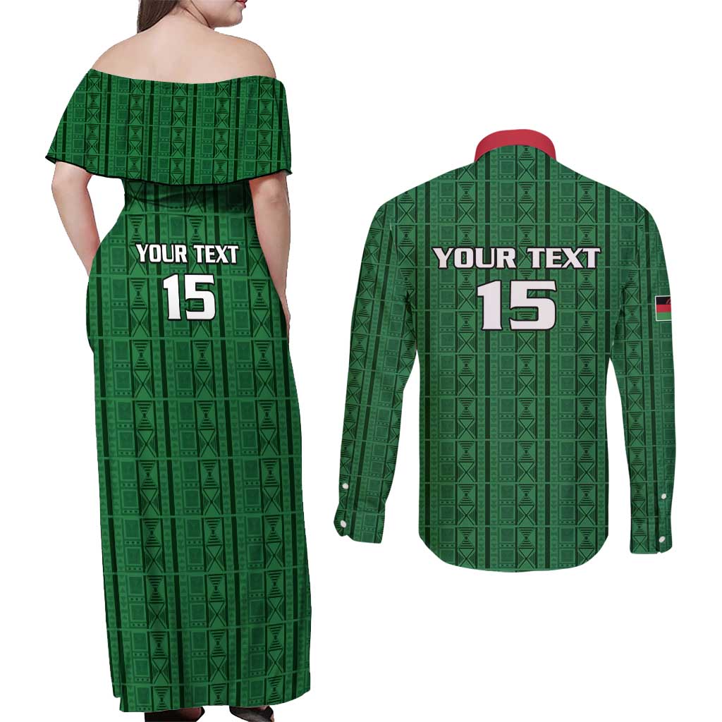 Custom Malawi Football Couples Matching Off Shoulder Maxi Dress and Long Sleeve Button Shirt Come On Flames - Green - Wonder Print Shop