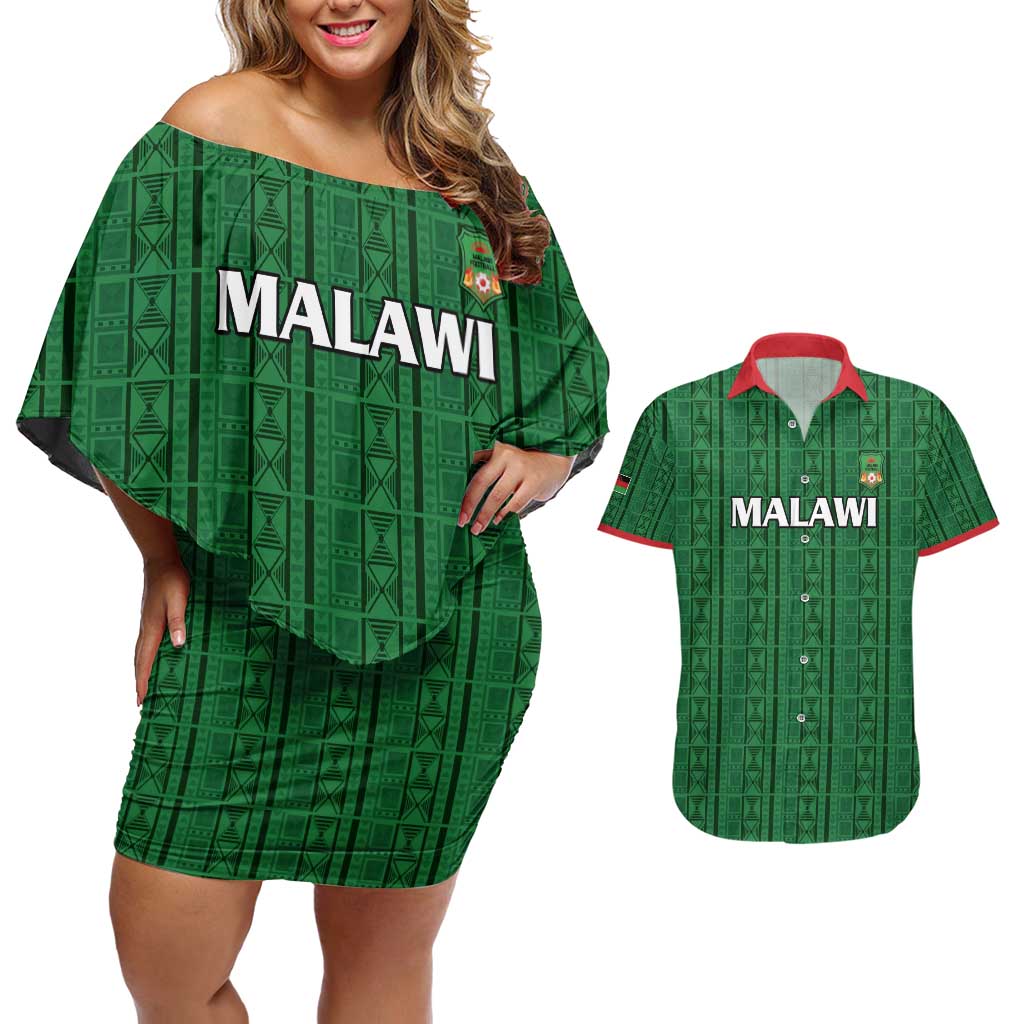 Custom Malawi Football Couples Matching Off Shoulder Short Dress and Hawaiian Shirt Come On Flames - Green - Wonder Print Shop
