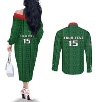 Custom Malawi Football Couples Matching Off The Shoulder Long Sleeve Dress and Long Sleeve Button Shirt Come On Flames - Green - Wonder Print Shop