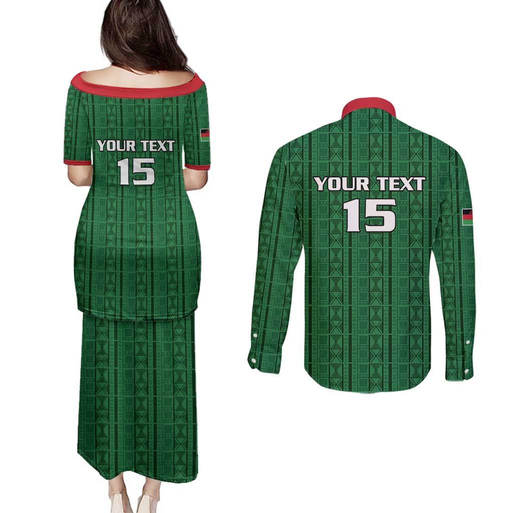Custom Malawi Football Couples Matching Puletasi and Long Sleeve Button Shirt Come On Flames - Green - Wonder Print Shop