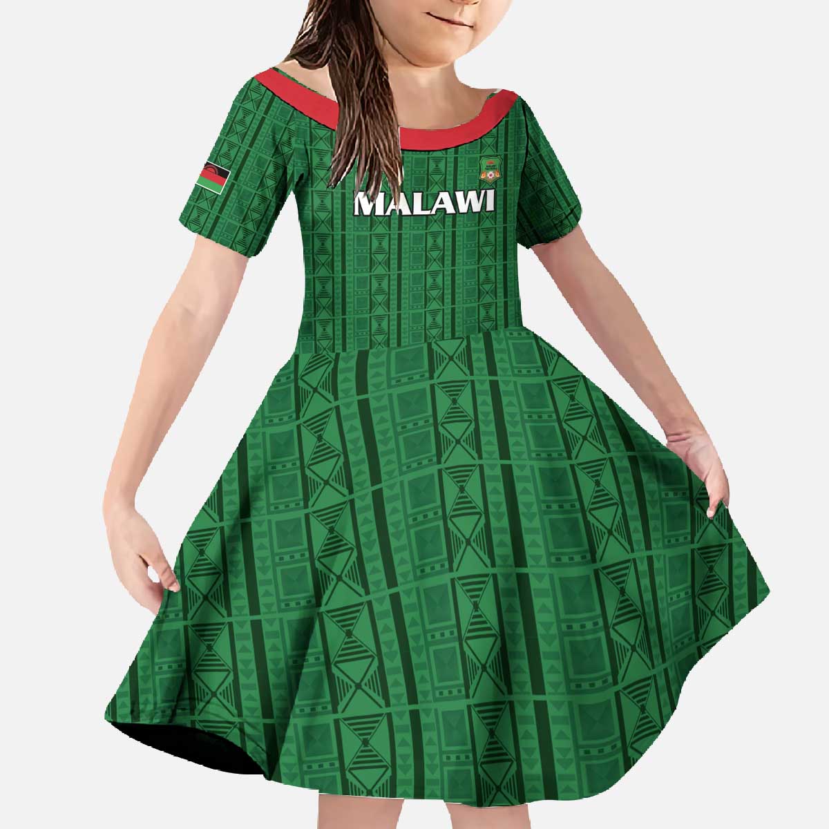 Custom Malawi Football Family Matching Off The Shoulder Long Sleeve Dress and Hawaiian Shirt Come On Flames - Green - Wonder Print Shop