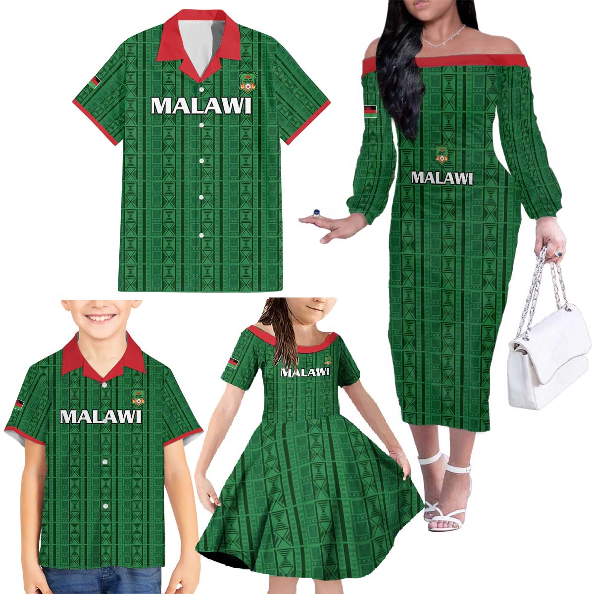 Custom Malawi Football Family Matching Off The Shoulder Long Sleeve Dress and Hawaiian Shirt Come On Flames - Green - Wonder Print Shop