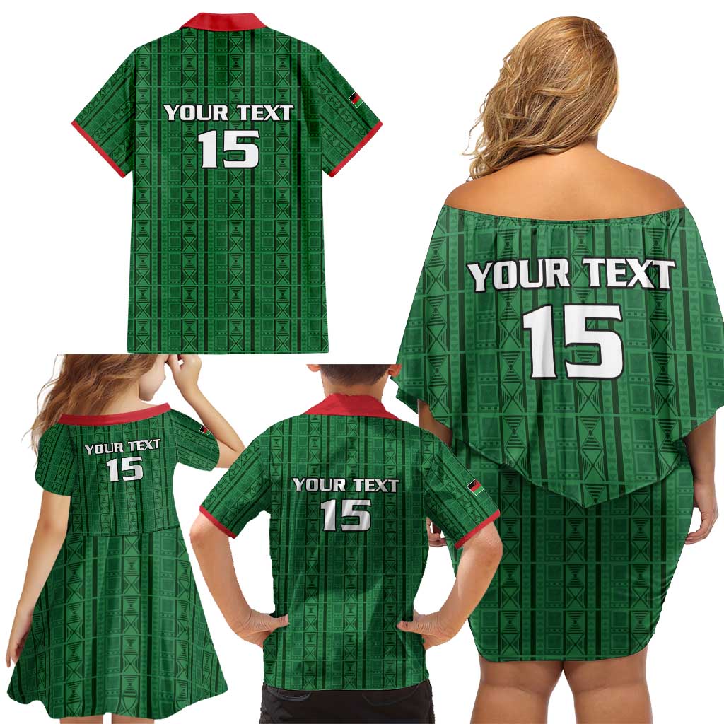 Custom Malawi Football Family Matching Off Shoulder Short Dress and Hawaiian Shirt Come On Flames - Green - Wonder Print Shop
