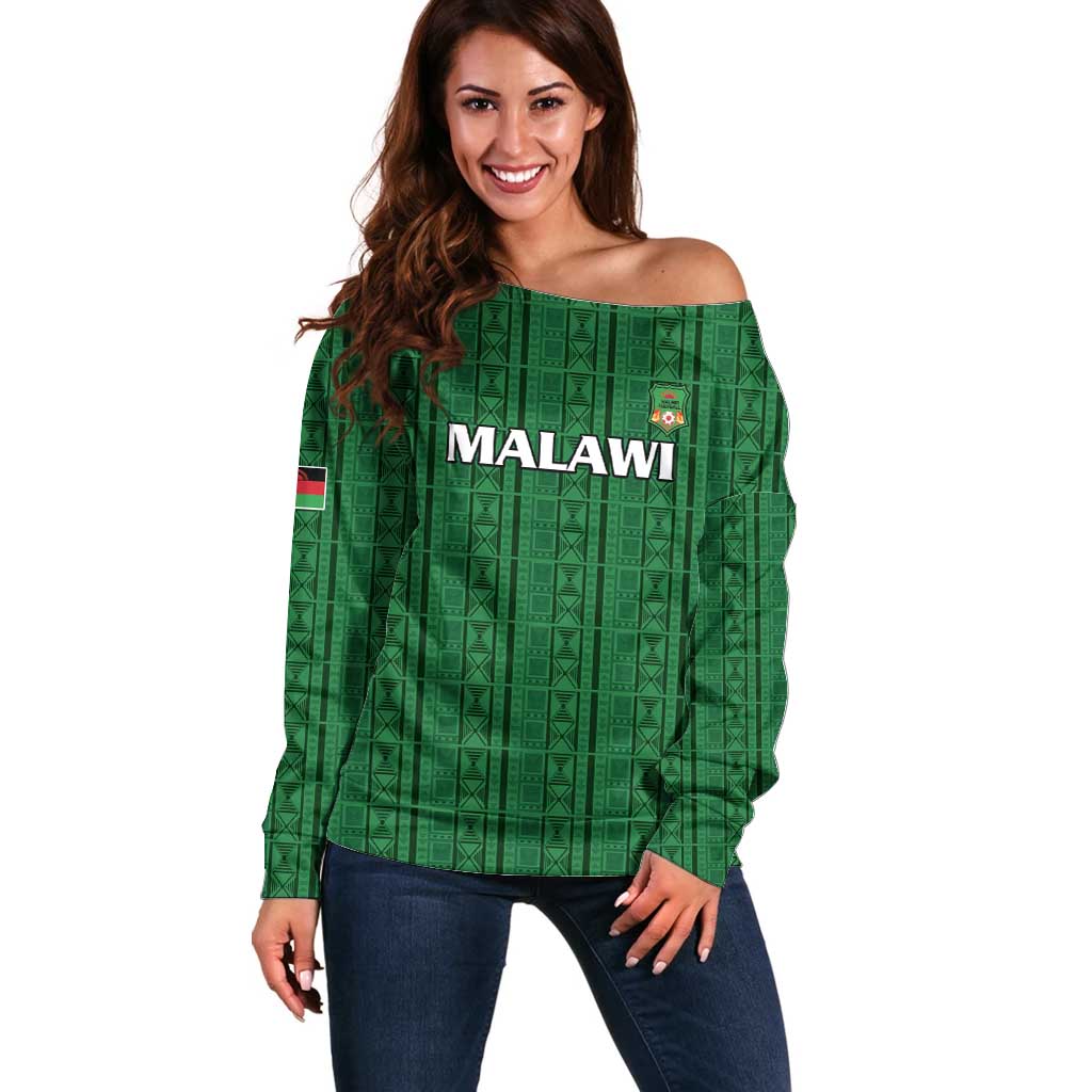 Custom Malawi Football Off Shoulder Sweater Come On Flames - Green - Wonder Print Shop