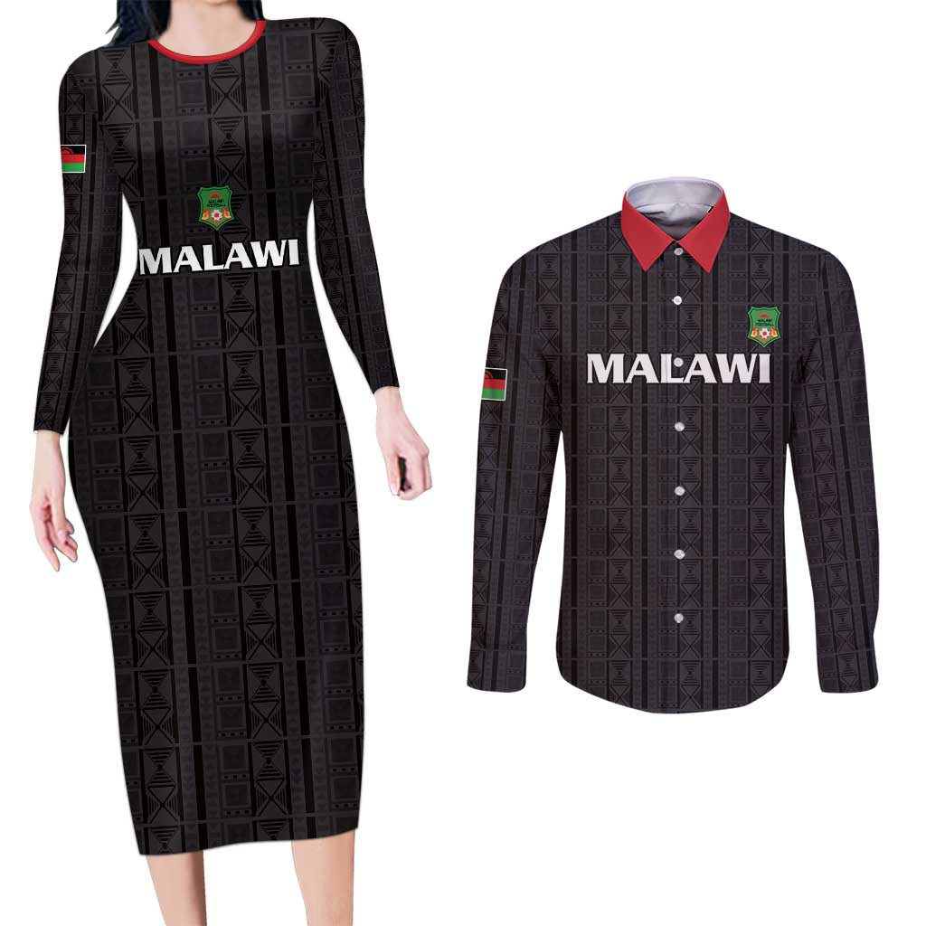 Custom Malawi Football Couples Matching Long Sleeve Bodycon Dress and Long Sleeve Button Shirt Come On Flames - Black - Wonder Print Shop