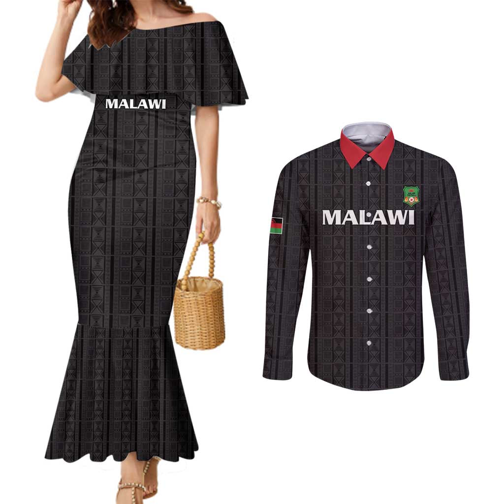 Custom Malawi Football Couples Matching Mermaid Dress and Long Sleeve Button Shirt Come On Flames - Black - Wonder Print Shop