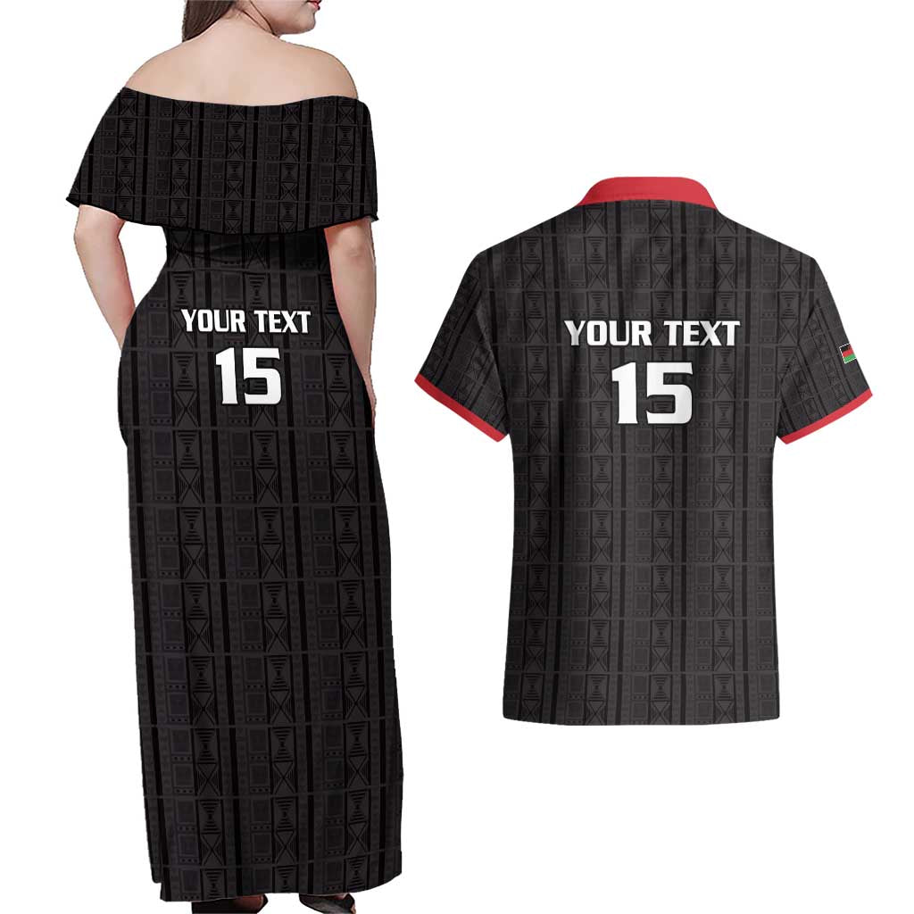 Custom Malawi Football Couples Matching Off Shoulder Maxi Dress and Hawaiian Shirt Come On Flames - Black - Wonder Print Shop