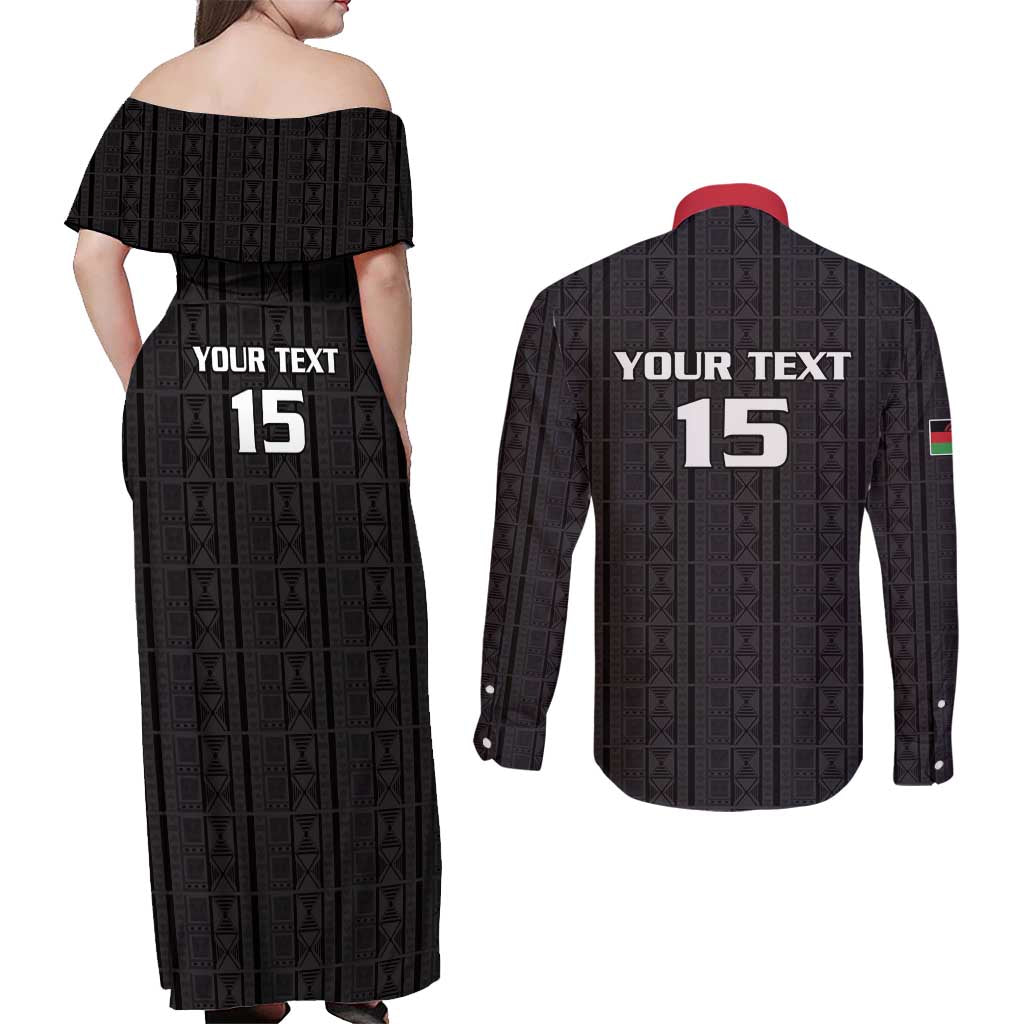Custom Malawi Football Couples Matching Off Shoulder Maxi Dress and Long Sleeve Button Shirt Come On Flames - Black - Wonder Print Shop