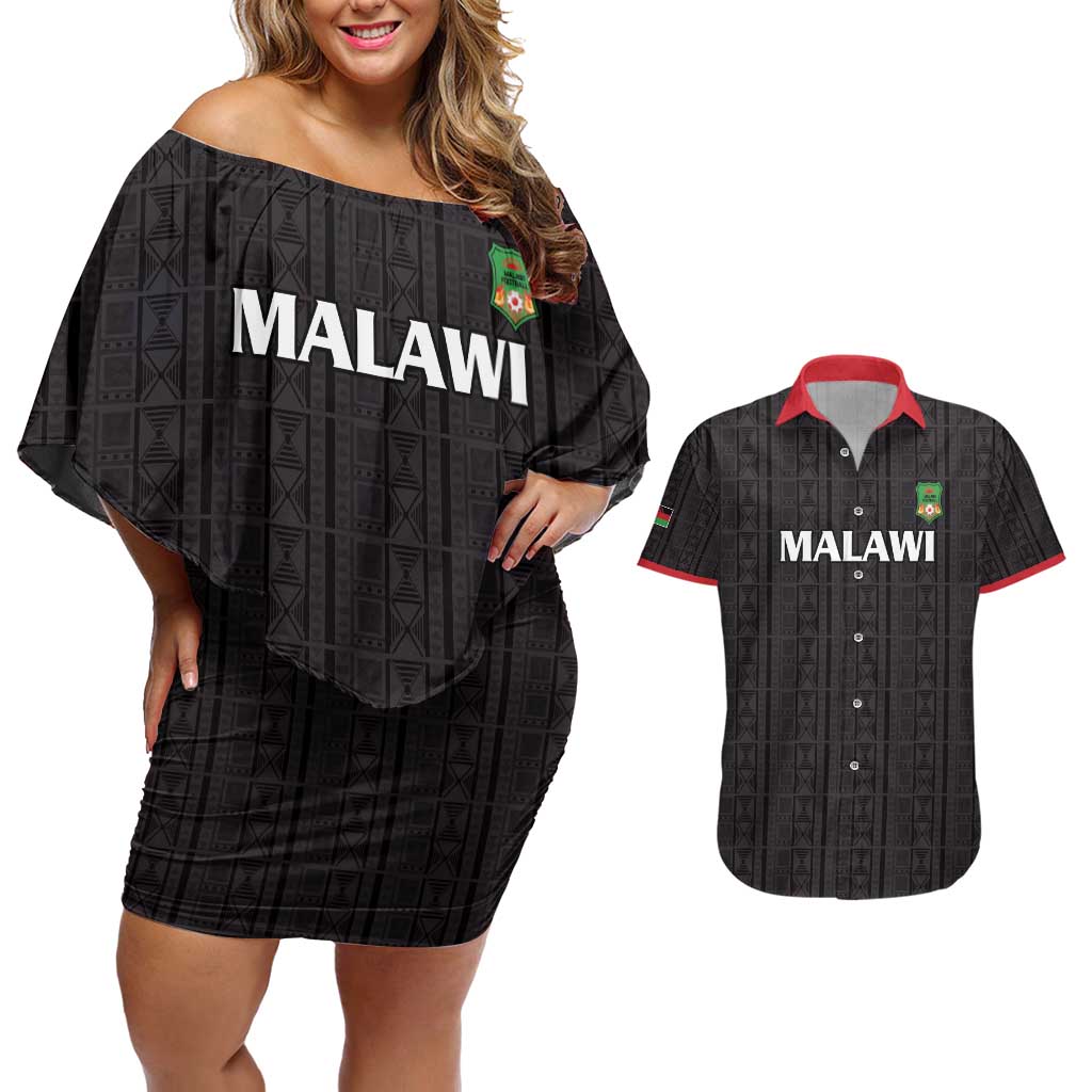 Custom Malawi Football Couples Matching Off Shoulder Short Dress and Hawaiian Shirt Come On Flames - Black - Wonder Print Shop