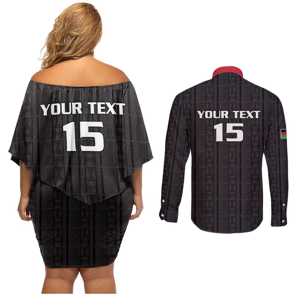 Custom Malawi Football Couples Matching Off Shoulder Short Dress and Long Sleeve Button Shirt Come On Flames - Black - Wonder Print Shop