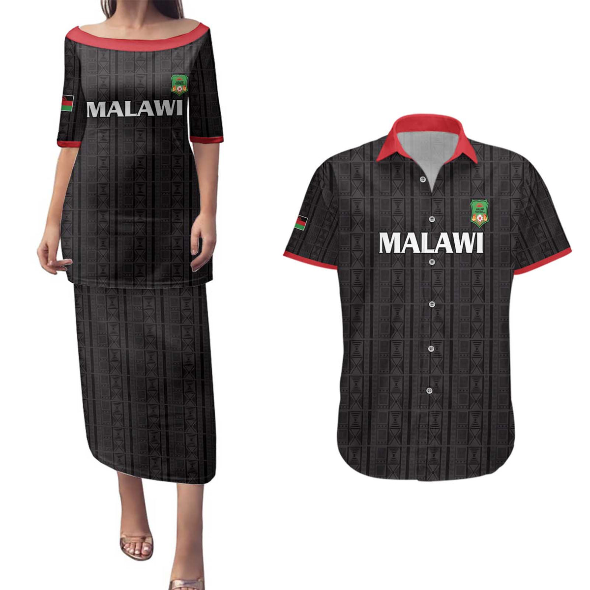 Custom Malawi Football Couples Matching Puletasi and Hawaiian Shirt Come On Flames - Black - Wonder Print Shop