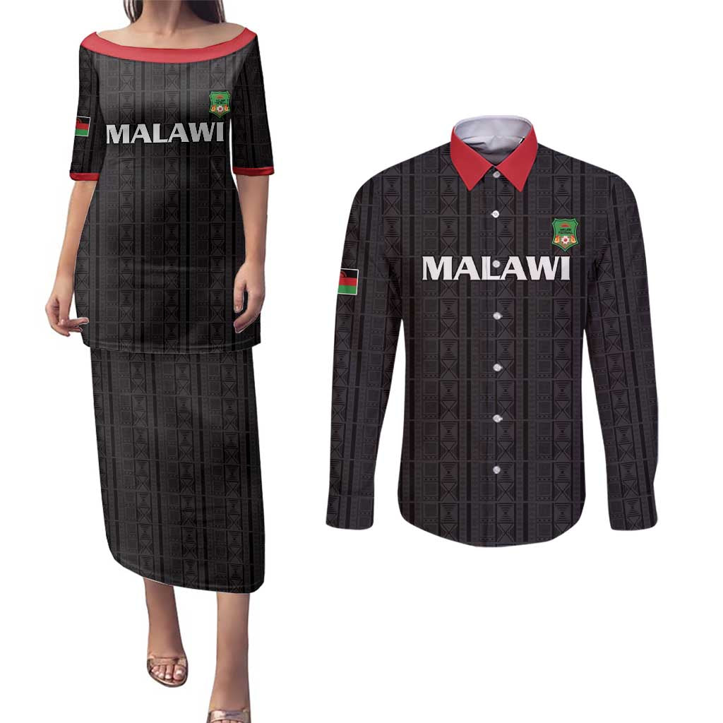 Custom Malawi Football Couples Matching Puletasi and Long Sleeve Button Shirt Come On Flames - Black - Wonder Print Shop