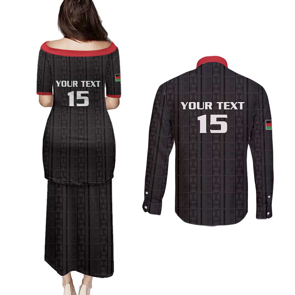 Custom Malawi Football Couples Matching Puletasi and Long Sleeve Button Shirt Come On Flames - Black - Wonder Print Shop