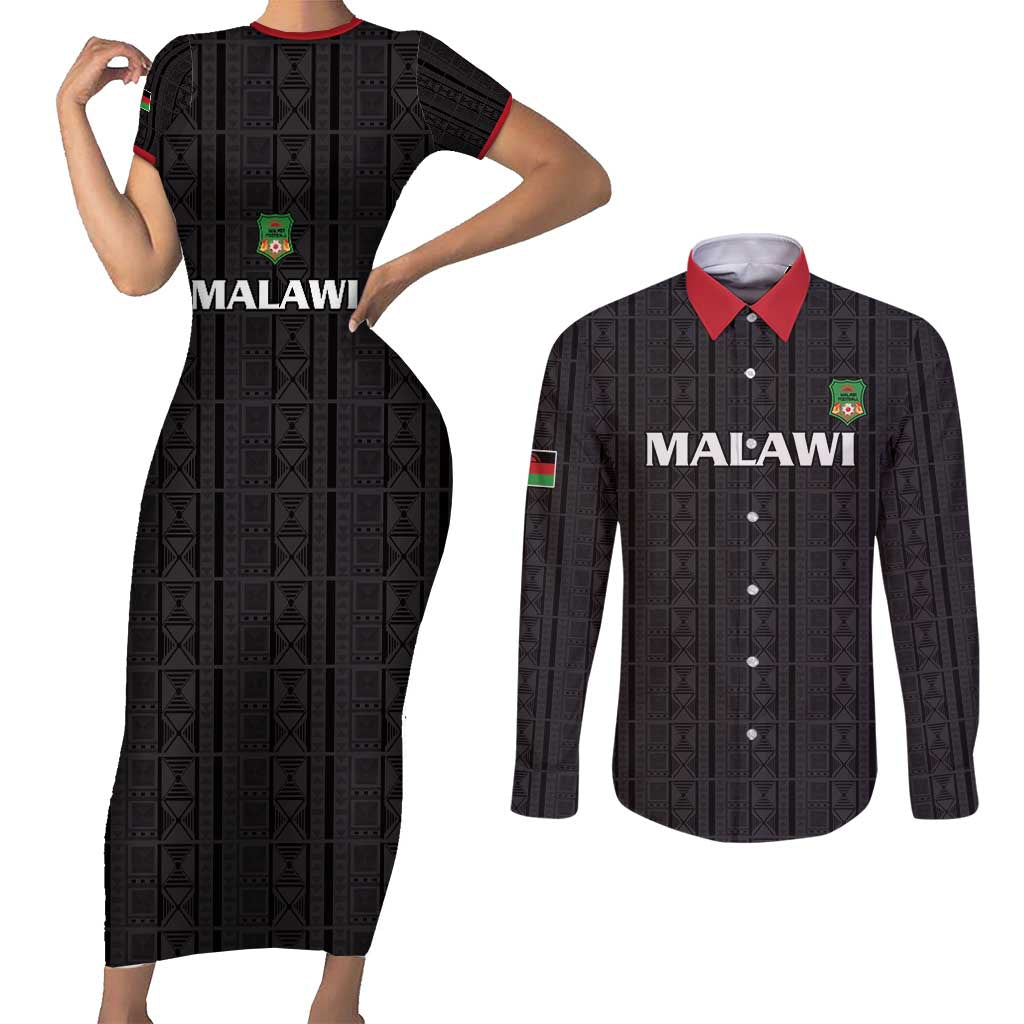 Custom Malawi Football Couples Matching Short Sleeve Bodycon Dress and Long Sleeve Button Shirt Come On Flames - Black - Wonder Print Shop