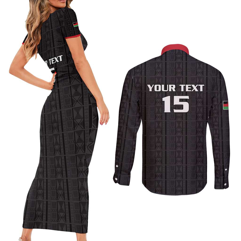 Custom Malawi Football Couples Matching Short Sleeve Bodycon Dress and Long Sleeve Button Shirt Come On Flames - Black - Wonder Print Shop