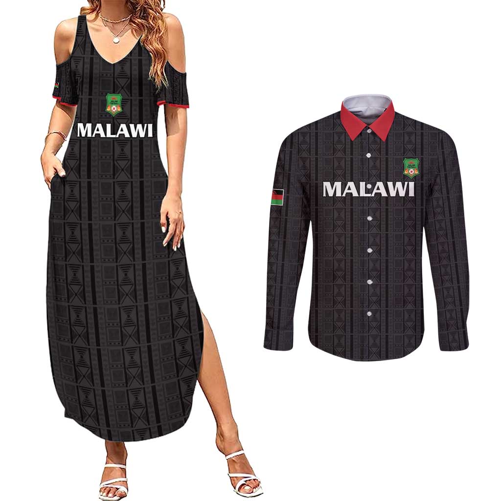 Custom Malawi Football Couples Matching Summer Maxi Dress and Long Sleeve Button Shirt Come On Flames - Black - Wonder Print Shop