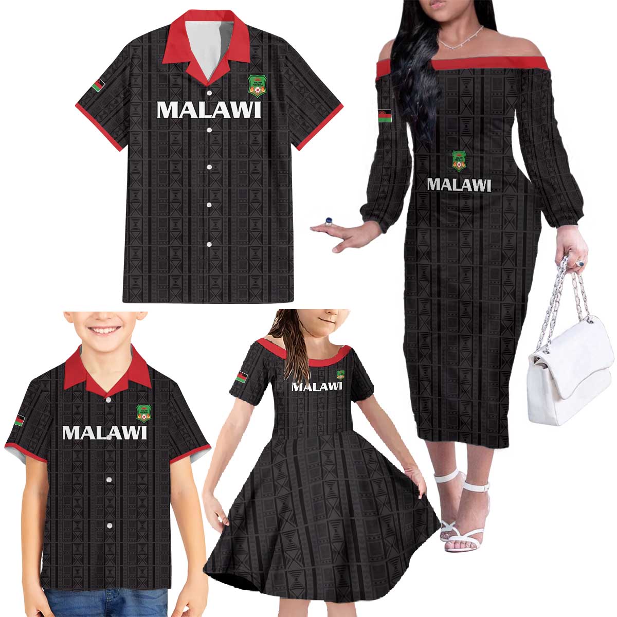 Custom Malawi Football Family Matching Off The Shoulder Long Sleeve Dress and Hawaiian Shirt Come On Flames - Black - Wonder Print Shop