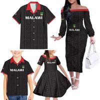 Custom Malawi Football Family Matching Off The Shoulder Long Sleeve Dress and Hawaiian Shirt Come On Flames - Black - Wonder Print Shop