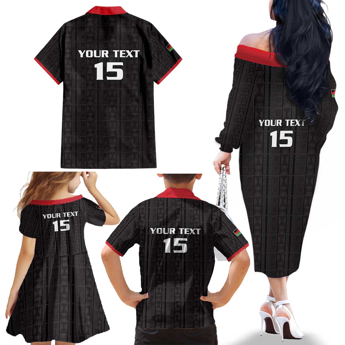 Custom Malawi Football Family Matching Off The Shoulder Long Sleeve Dress and Hawaiian Shirt Come On Flames - Black - Wonder Print Shop