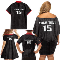 Custom Malawi Football Family Matching Off Shoulder Short Dress and Hawaiian Shirt Come On Flames - Black - Wonder Print Shop