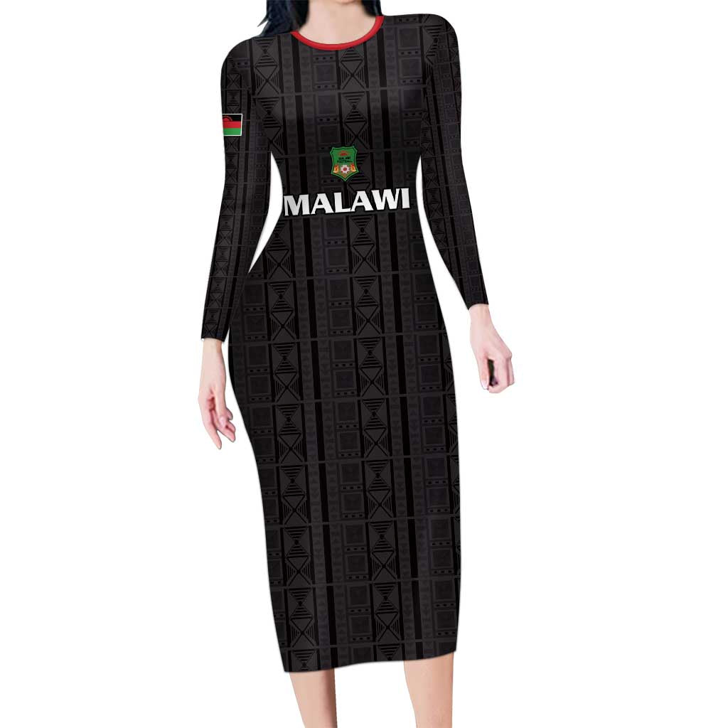 Custom Malawi Football Long Sleeve Bodycon Dress Come On Flames - Black - Wonder Print Shop