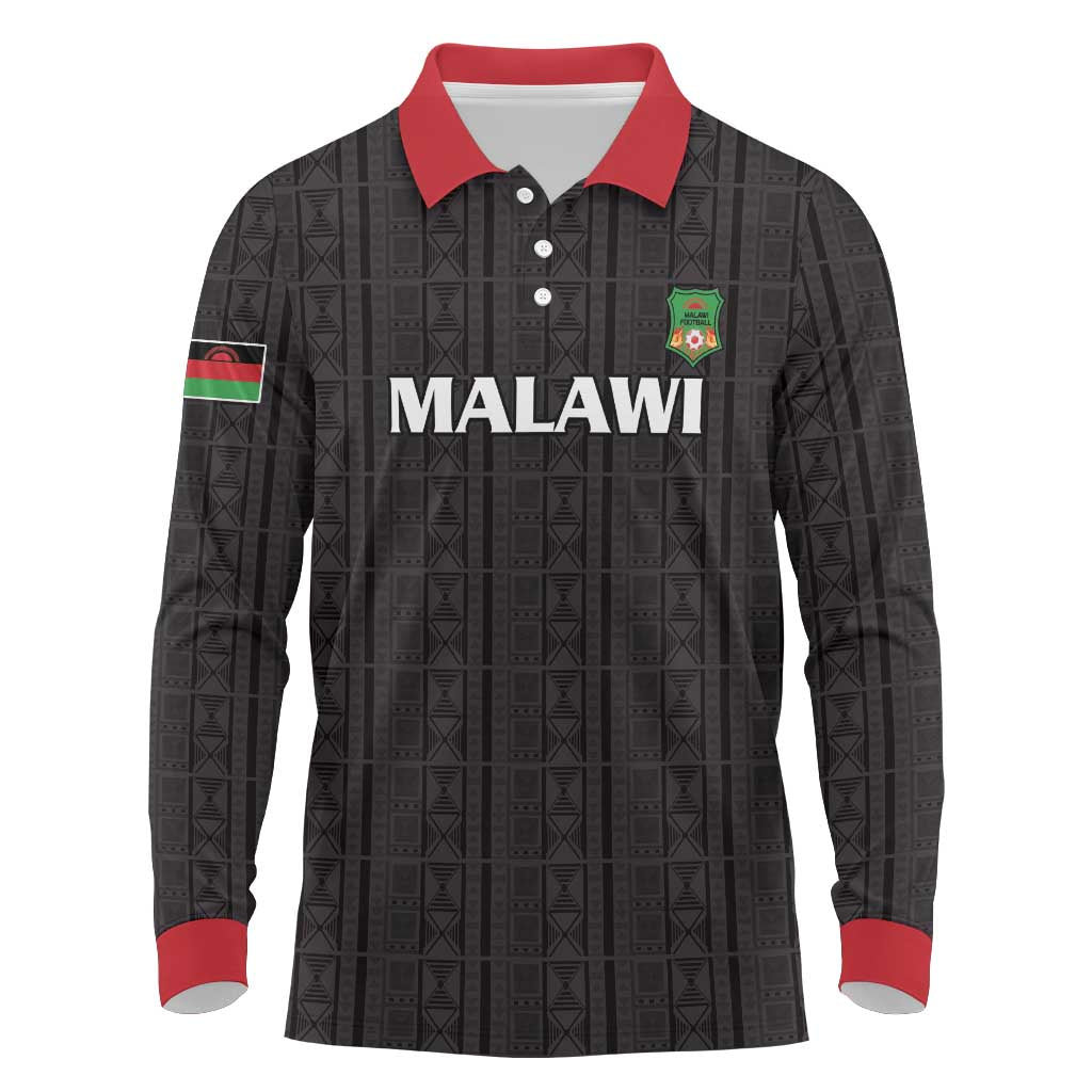 Custom Malawi Football Long Sleeve Polo Shirt Come On Flames - Black - Wonder Print Shop