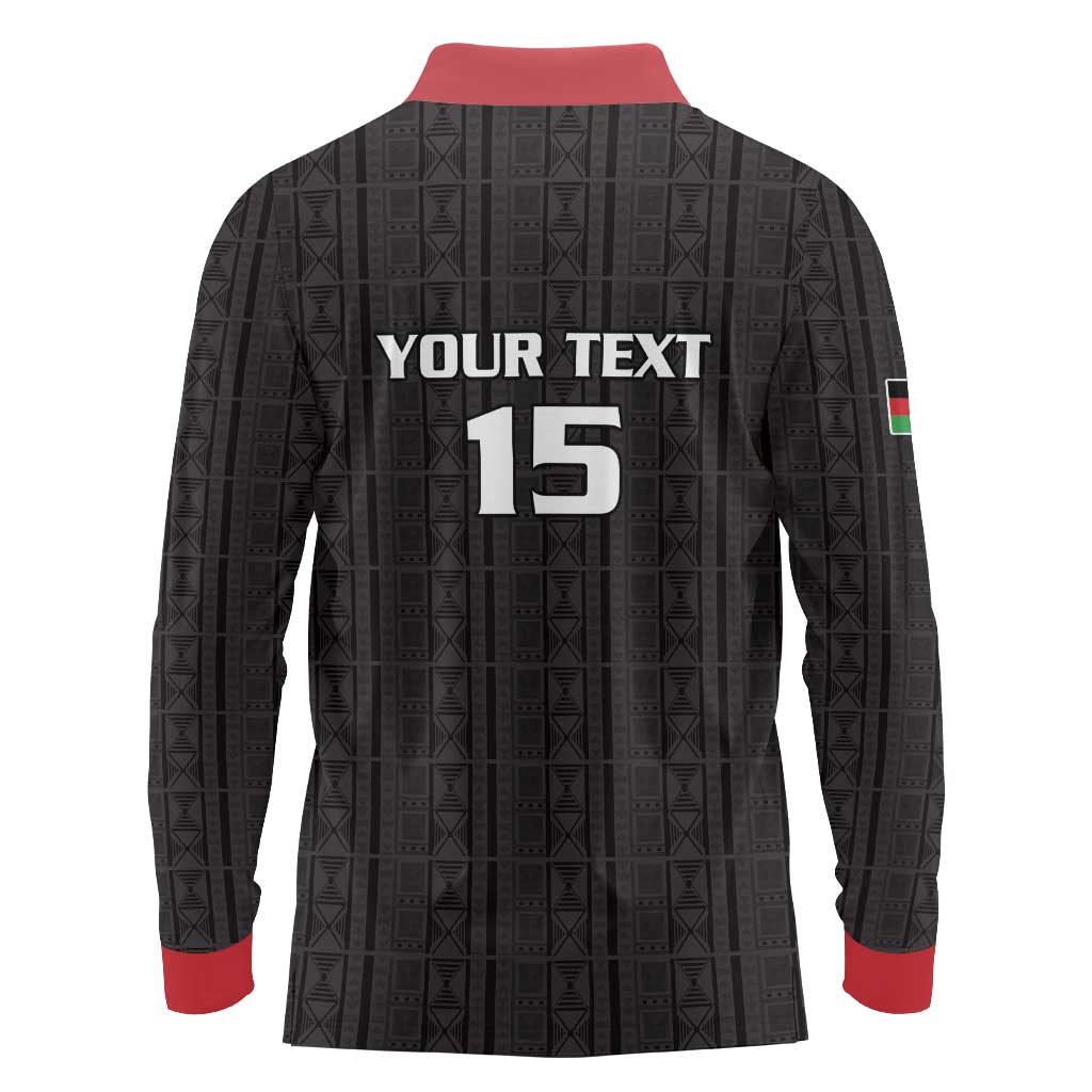 Custom Malawi Football Long Sleeve Polo Shirt Come On Flames - Black - Wonder Print Shop