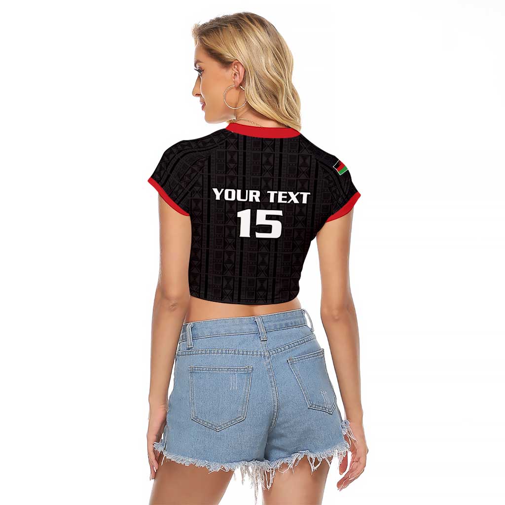 Custom Malawi Football Raglan Cropped T Shirt Come On Flames - Black - Wonder Print Shop