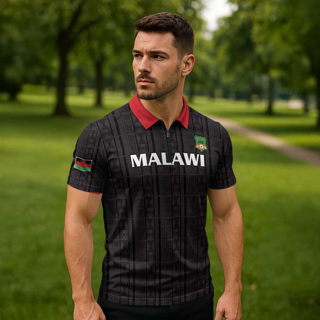 Custom Malawi Football Zipper Polo Shirt Come On Flames - Black - Wonder Print Shop