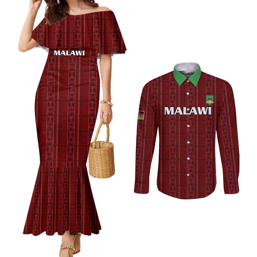 Custom Malawi Football Couples Matching Mermaid Dress and Long Sleeve Button Shirt Come On Flames - Red - Wonder Print Shop