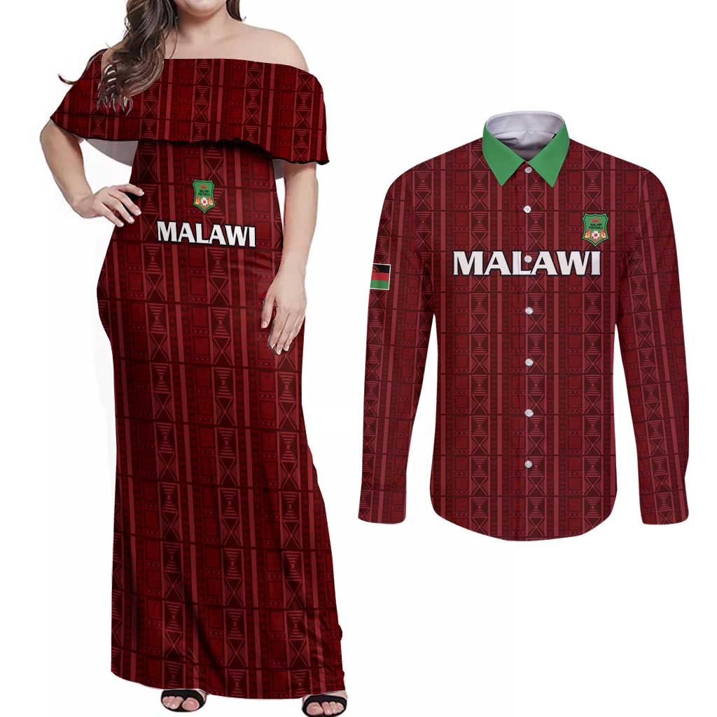 Custom Malawi Football Couples Matching Off Shoulder Maxi Dress and Long Sleeve Button Shirt Come On Flames - Red - Wonder Print Shop
