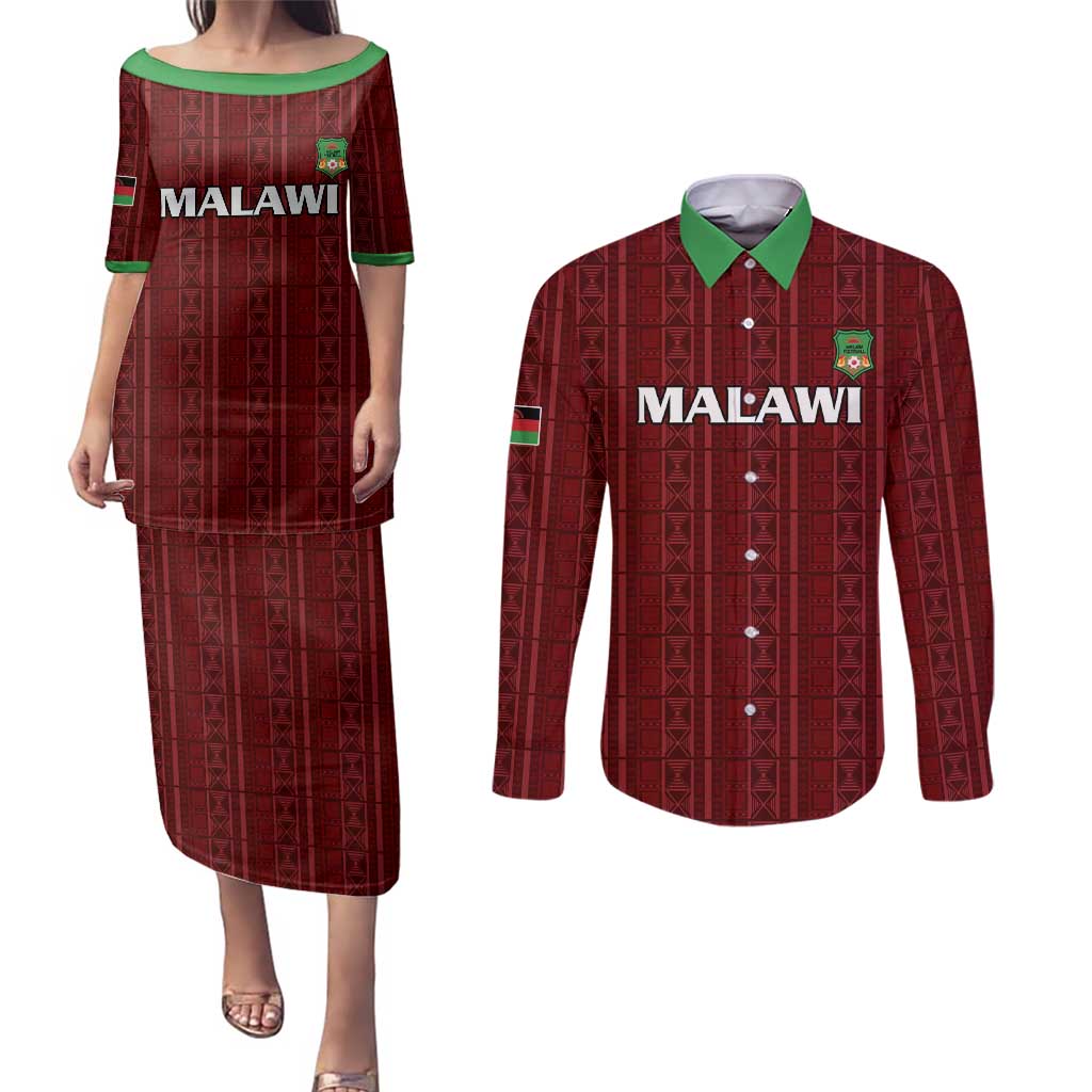 Custom Malawi Football Couples Matching Puletasi and Long Sleeve Button Shirt Come On Flames - Red - Wonder Print Shop