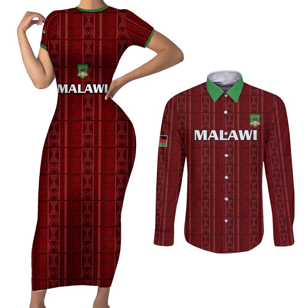 Custom Malawi Football Couples Matching Short Sleeve Bodycon Dress and Long Sleeve Button Shirt Come On Flames - Red - Wonder Print Shop