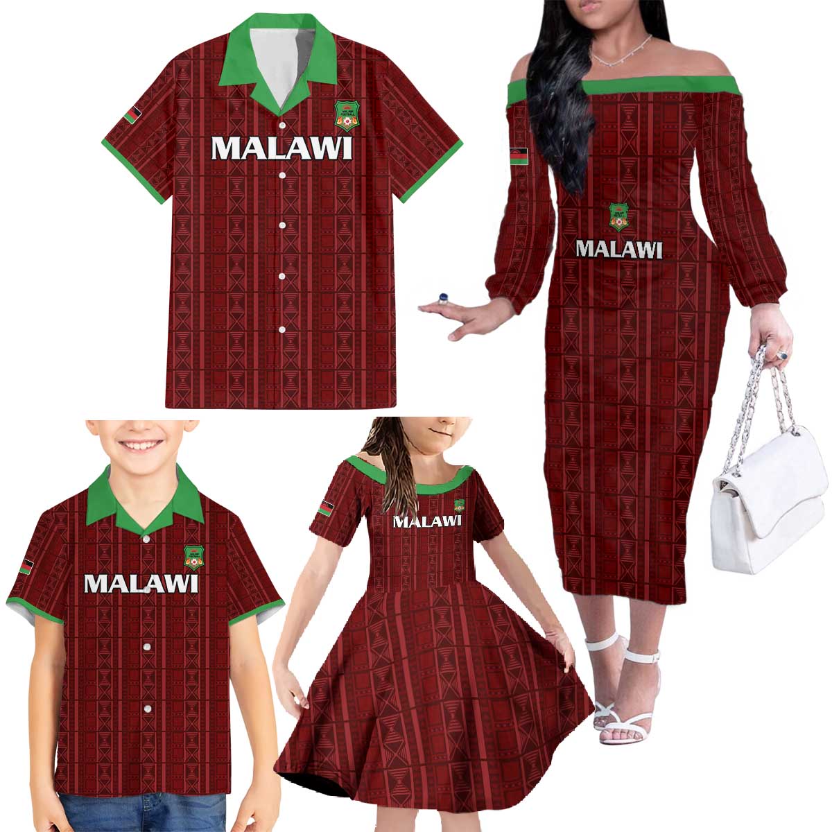 Custom Malawi Football Family Matching Off The Shoulder Long Sleeve Dress and Hawaiian Shirt Come On Flames - Red - Wonder Print Shop
