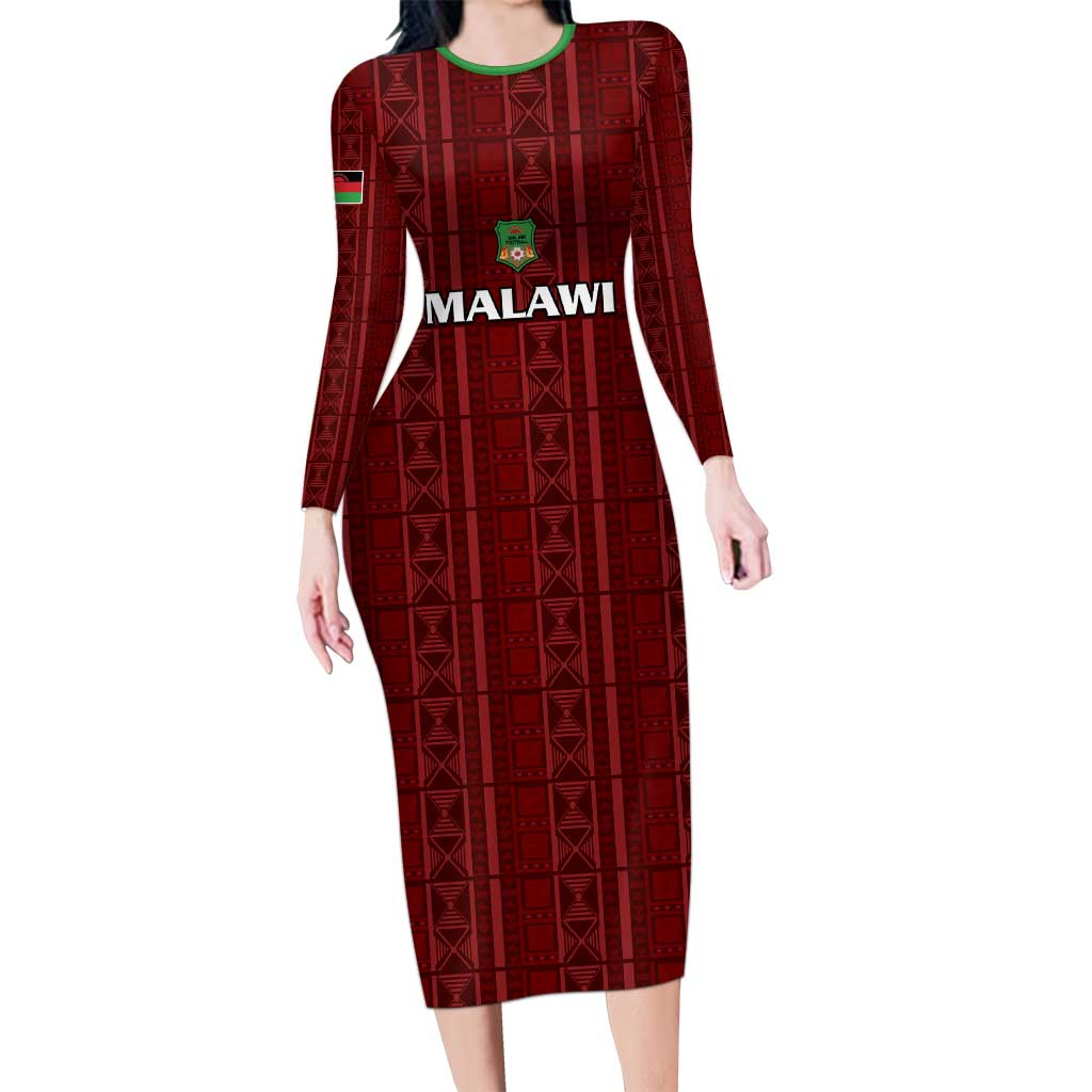 Custom Malawi Football Long Sleeve Bodycon Dress Come On Flames - Red - Wonder Print Shop