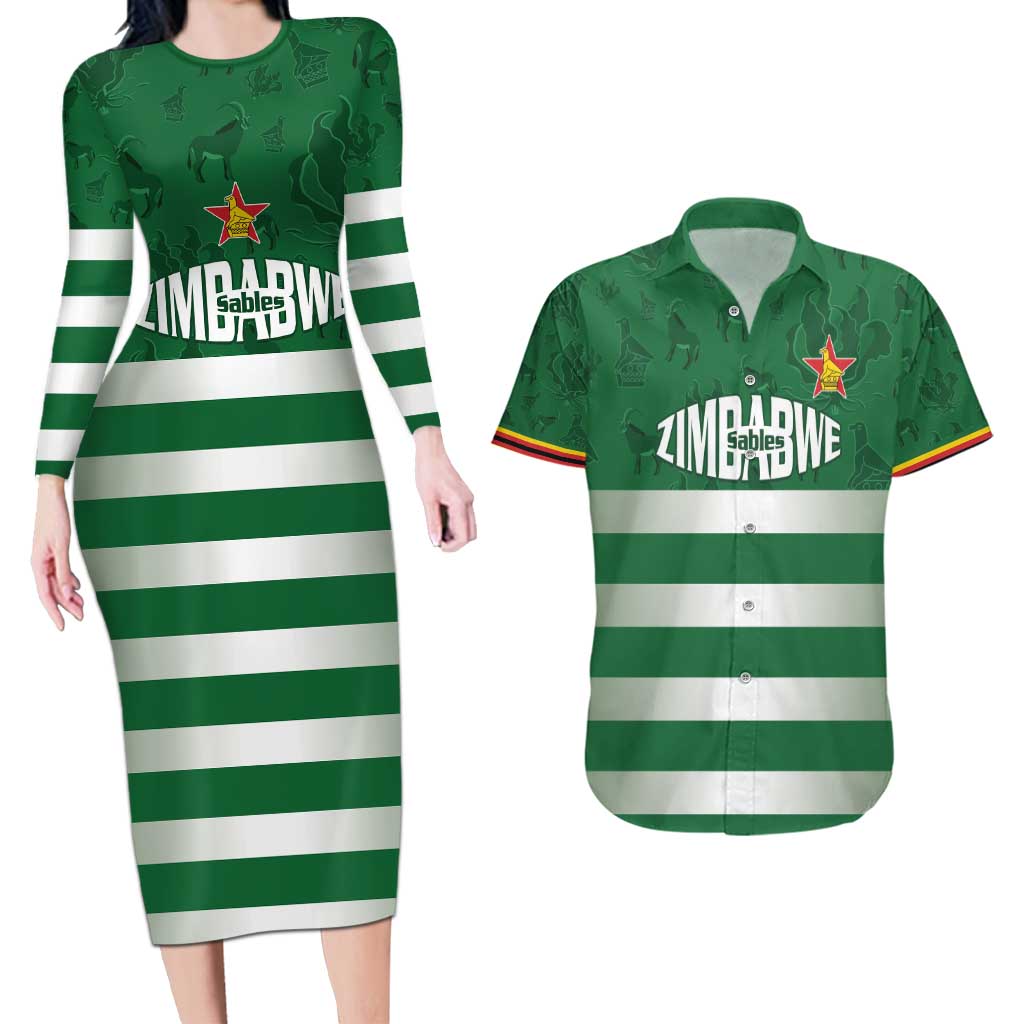 Rugby Zimbabwe Custom Couples Matching Long Sleeve Bodycon Dress and Hawaiian Shirt Go Champions Sables - Wonder Print Shop