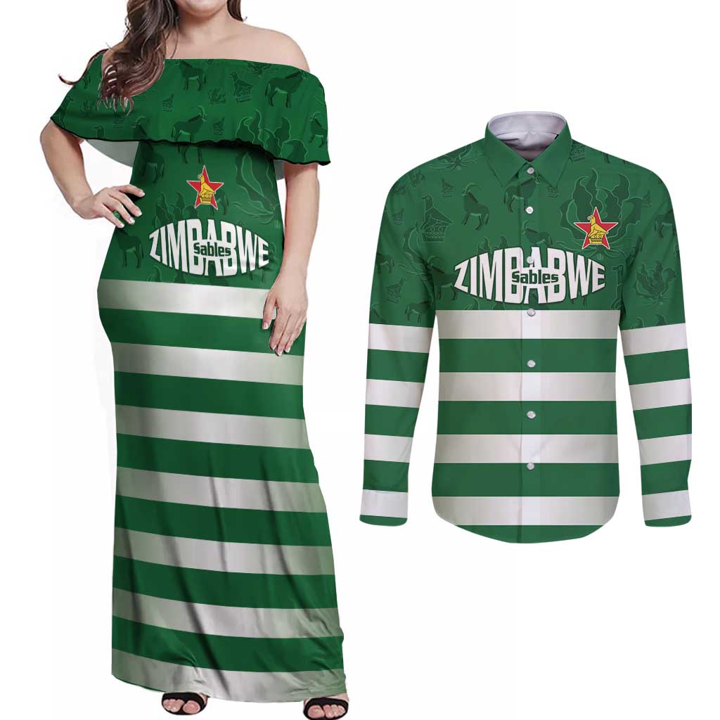 Rugby Zimbabwe Custom Couples Matching Off Shoulder Maxi Dress and Long Sleeve Button Shirt Go Champions Sables - Wonder Print Shop