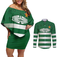 Rugby Zimbabwe Custom Couples Matching Off Shoulder Short Dress and Long Sleeve Button Shirt Go Champions Sables - Wonder Print Shop