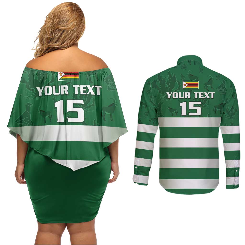 Rugby Zimbabwe Custom Couples Matching Off Shoulder Short Dress and Long Sleeve Button Shirt Go Champions Sables - Wonder Print Shop