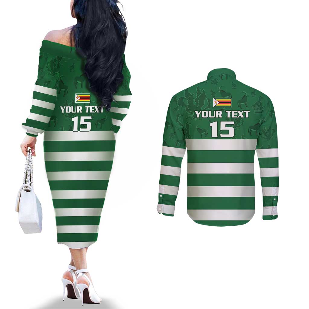 Rugby Zimbabwe Custom Couples Matching Off The Shoulder Long Sleeve Dress and Long Sleeve Button Shirt Go Champions Sables - Wonder Print Shop